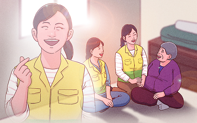 전신 PSD 여자 노년 할머니 유니폼 일러스트 집안 미소 여러명 상반신 성인 빛 봉사 자원봉사자 무릎꿇기 노인복지 감사 가부좌 손하트 고령화 독거노인 자원봉사조끼 여자만 국내일러스트 옷 감정 다수 모션 실내 표정 사람 앉기 손짓 조끼 도움 사회이슈 복지 파일형식