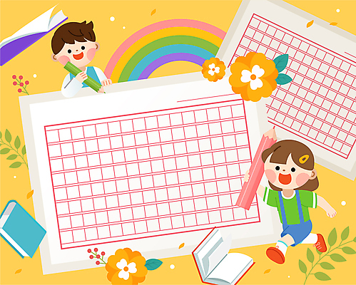 전신 여자 남자 꽃 종이 초등학생 어린이 무지개 잎 일러스트 미소 들기 소녀 소년 상반신 두명 책 달리기 연필 노란색 기록 글짓기 원고지 어린이만 국내일러스트 AI파일 자연요소 식물 학생 컬러 모션 학용품 표정 사람 필기구 파일형식 벡터