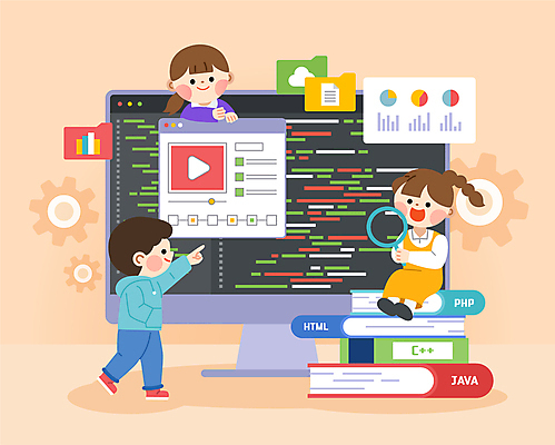 전신 여자 남자 초등학생 어린이 일러스트 돋보기 그래프 매달리기 미소 들기 소녀 소년 세명 모니터 가리킴 주머니손 폴더 인터넷창 살구색 책더미 어린이만 코딩 국내일러스트 AI파일 학생 컬러 인터넷 모션 표정 사람 손짓 책 컴퓨터 파일 무더기 컴퓨터교육 파일형식 벡터