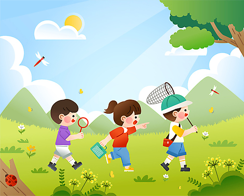 전신 여자 남자 초등학생 어린이 일러스트 돋보기 산 미소 들기 소녀 소년 잔디 초원 세명 햇빛 가리킴 곤충채집 채집망 채집통 캡모자 어린이만 국내일러스트 AI파일 식물 모자_잡화 학생 곤충 모션 통 표정 사람 손짓 태양 수집 파일형식 벡터