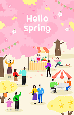 PSD 커플 여자 남자 어린이 분홍색 일러스트 들기 앉기 소녀 여러명 성인 달리기 걷기 축제 파라솔 벚나무 군중 노점 가랜드 가판대 벚꽃축제 야외테이블 봄축제 국내일러스트 나무 컬러 다수 관계 모션 탁자 사람 상점 봄 벚꽃 파티용품 꽃축제 파일형식