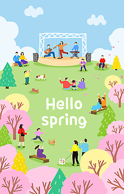 PSD 구름 여자 남자 어린이 일러스트 봄꽃 하늘 앉기 소녀 소년 잔디 여러명 성인 달리기 걷기 공연 가수 무대 밴드 벚나무 강아지 군중 관람 꽃축제 봄축제 국내일러스트 자연요소 나무 식물 꽃 음악 다수 모션 사람 이벤트 반려동물 축제 봄 음악가 벚꽃 개 파일형식