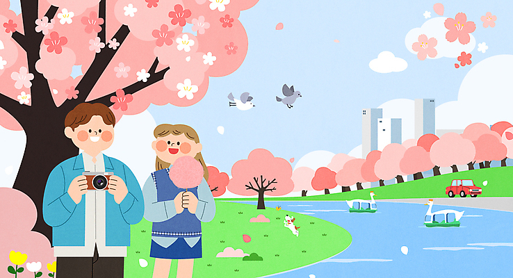 나무 커플 여자 남자 도로 호수 분홍색 일러스트 자동차 조류 미소 들기 잔디 성인 두명 카메라 사진촬영 벚나무 벚꽃축제 솜사탕 오리배 성인만 봄축제 국내일러스트 AI파일 식물 동물 길 육상교통 컬러 관계 교통시설 모션 디저트 표정 사람 전자제품 촬영 축제 봄 벚꽃 꽃축제 파일형식 벡터
