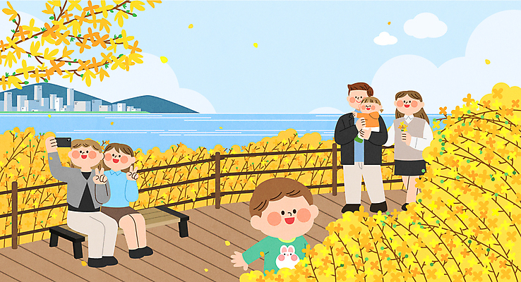 전신 구름 여자 남자 어린이 벤치 일러스트 가족 하늘 미소 앉기 소녀 소년 여러명 성인 친구 강 노란색 셀프카메라 개나리 브이 봄축제 국내일러스트 AI파일 자연요소 꽃 컬러 다수 의자 관계 모션 표정 사람 손짓 사진촬영 축제 봄 파일형식 벡터