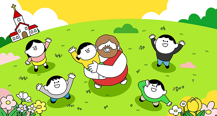 전신 구름 여자 남자 기독교 어린이 일러스트 봄꽃 안기 부활절 미소 소녀 소년 잔디 여러명 성인 연두색 교회 올려보기 예수 손인사 국내일러스트 AI파일 자연요소 식물 기념일 꽃 종교 다수 종교건축 모션 표정 사람 건물 초록색 봄 인사 신_종교 파일형식 벡터