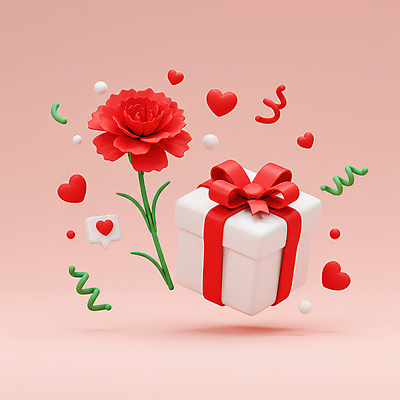JPG 편집이미지 기념일 리본 분홍색 사람없음 선물상자 3D 하트 축하 원형 카네이션 감사 꽃가루 편집3D AI컴퓨터그래픽 AI콘텐츠 모양 도형 꽃 감정 컬러 컨셉 선물 이벤트 상자 가루 디지털합성 파일형식