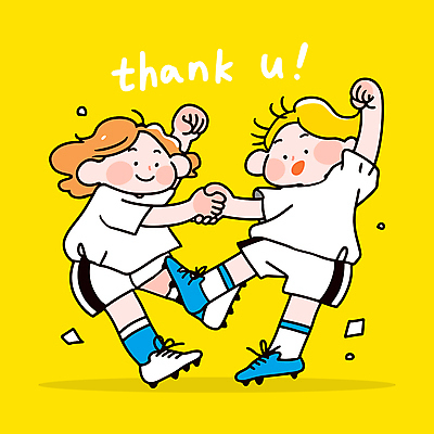 전신 여자 남자 어린이 유니폼 일러스트 협력 미소 소녀 소년 두명 친구 노란색 손잡기 점프 파이팅 축구 동료 감사 꽃가루 축구화 땡큐 어린이만 일러캐릭터 AI파일 캐릭터 옷 감정 컬러 운동화 축구용품 관계 모션 표정 사람 구기 가루 파일형식 벡터