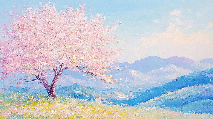 JPG 편집이미지 자연 하늘 붓터치 풍경 사람없음 맑음 봄 벚나무 질감 유화 화창 산맥 편집실사 나무 계절 날씨 산 미술 벚꽃 CG 생태계 파일형식