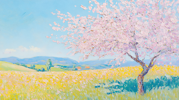 JPG 편집이미지 자연 하늘 붓터치 풍경 초원 사람없음 맑음 봄 벚나무 질감 산등성이 유화 화창 편집실사 나무 계절 날씨 산 미술 벚꽃 CG 생태계 파일형식