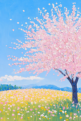 JPG 구름 편집이미지 꽃밭 자연 하늘 붓터치 풍경 초원 사람없음 맑음 봄 벚나무 질감 산등성이 유화 화창 편집실사 자연요소 나무 계절 꽃 날씨 산 미술 벚꽃 CG 생태계 파일형식