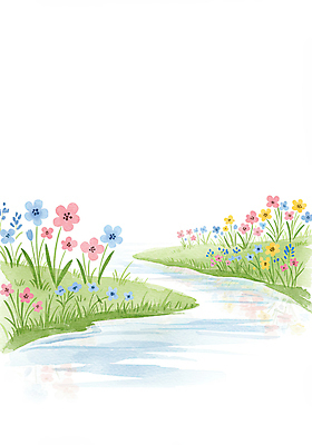 JPG 일러스트 자연 수채화 풍경 사람없음 야외 강 반사 맑음 봄 들꽃 국내일러스트 AI일러스트 AI콘텐츠 계절 꽃 날씨 생태계 파일형식