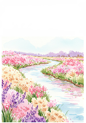 JPG 일러스트 자연 수채화 산 풍경 사람없음 야외 강 반사 맑음 봄 들꽃 국내일러스트 AI일러스트 AI콘텐츠 계절 꽃 날씨 생태계 파일형식