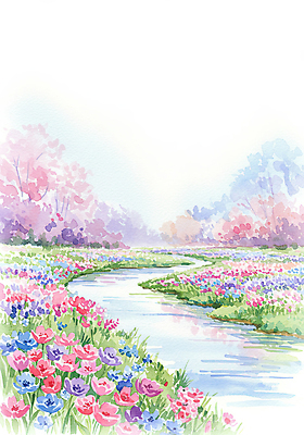 JPG 나무 일러스트 자연 수채화 풍경 사람없음 야외 강 반사 맑음 봄 들꽃 튤립 국내일러스트 AI일러스트 AI콘텐츠 식물 계절 꽃 날씨 생태계 파일형식