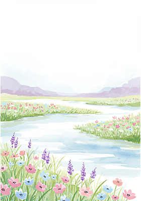 JPG 일러스트 자연 수채화 산 풍경 사람없음 야외 강 맑음 봄 들꽃 튤립 무스카리 국내일러스트 AI일러스트 AI콘텐츠 계절 꽃 날씨 생태계 파일형식
