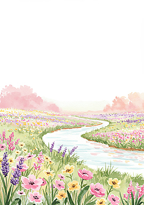 JPG 나무 일러스트 자연 수채화 풍경 사람없음 야외 강 반사 맑음 봄 들꽃 튤립 무스카리 국내일러스트 AI일러스트 AI콘텐츠 식물 계절 꽃 날씨 생태계 파일형식