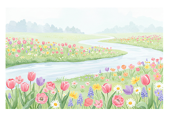 JPG 나무 일러스트 자연 수채화 풍경 사람없음 야외 강 맑음 봄 들꽃 튤립 데이지 무스카리 국내일러스트 AI일러스트 AI콘텐츠 식물 계절 꽃 날씨 생태계 파일형식