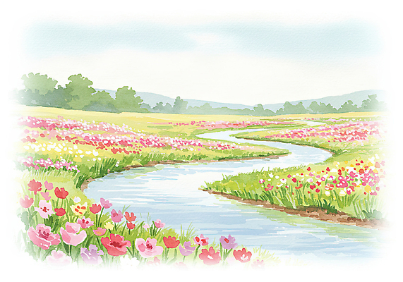 JPG 나무 일러스트 자연 수채화 풍경 사람없음 야외 강 맑음 봄 들꽃 튤립 국내일러스트 AI일러스트 AI콘텐츠 식물 계절 꽃 날씨 생태계 파일형식