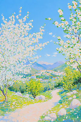 JPG 길 일러스트 붓터치 잔디 초원 사람없음 야외 마을 봄풍경 바위 벚나무 유화 산맥 국내일러스트 AI일러스트 AI콘텐츠 나무 식물 산 미술 풍경 봄 벚꽃 돌_바위 파일형식