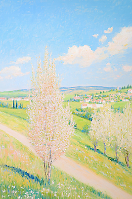 JPG 나무 구름 길 일러스트 하늘 붓터치 잔디 초원 사람없음 야외 마을 봄풍경 유화 국내일러스트 AI일러스트 AI콘텐츠 자연요소 식물 미술 풍경 봄 파일형식