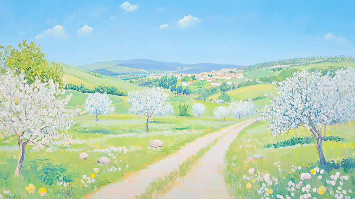 JPG 구름 길 꽃밭 일러스트 하늘 붓터치 잔디 초원 사람없음 야외 마을 봄풍경 벚나무 유화 국내일러스트 AI일러스트 AI콘텐츠 자연요소 나무 식물 꽃 미술 풍경 봄 벚꽃 파일형식