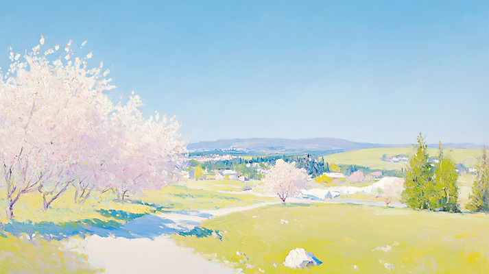 JPG 길 일러스트 붓터치 잔디 초원 사람없음 야외 봄풍경 벚나무 유화 국내일러스트 AI일러스트 AI콘텐츠 나무 식물 미술 풍경 봄 벚꽃 파일형식