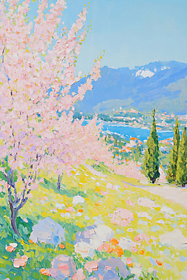 JPG 바다 꽃밭 일러스트 붓터치 산 잔디 해변 사람없음 야외 마을 봄풍경 바위 벚나무 유화 국내일러스트 AI일러스트 AI콘텐츠 나무 식물 꽃 미술 풍경 봄 벚꽃 돌_바위 파일형식