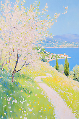 JPG 꽃밭 일러스트 붓터치 산 잔디 초원 해변 사람없음 야외 마을 봄풍경 벚나무 유화 국내일러스트 AI일러스트 AI콘텐츠 나무 식물 꽃 바다 미술 풍경 봄 벚꽃 파일형식