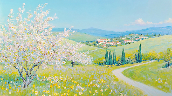 JPG 구름 길 꽃밭 일러스트 하늘 붓터치 산 잔디 초원 사람없음 야외 마을 봄풍경 벚나무 유화 국내일러스트 AI일러스트 AI콘텐츠 자연요소 나무 식물 꽃 미술 풍경 봄 벚꽃 파일형식