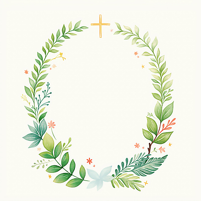 JPG 기독교 십자가 잎 일러스트 수채화 사람없음 봄 원형프레임 카피스페이스 국내일러스트 AI일러스트 AI콘텐츠 식물 계절 종교 프레임 공백 원형 파일형식
