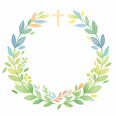 JPG 기독교 십자가 잎 일러스트 수채화 사람없음 봄 원형프레임 카피스페이스 국내일러스트 AI일러스트 AI콘텐츠 식물 계절 종교 프레임 공백 원형 파일형식