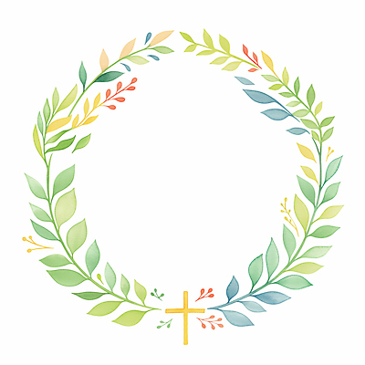 JPG 기독교 십자가 잎 일러스트 수채화 사람없음 봄 원형프레임 카피스페이스 국내일러스트 AI일러스트 AI콘텐츠 식물 계절 종교 프레임 공백 원형 파일형식