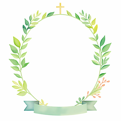 JPG 리본 기독교 십자가 잎 일러스트 수채화 사람없음 봄 원형프레임 카피스페이스 국내일러스트 AI일러스트 AI콘텐츠 식물 계절 종교 프레임 공백 원형 파일형식