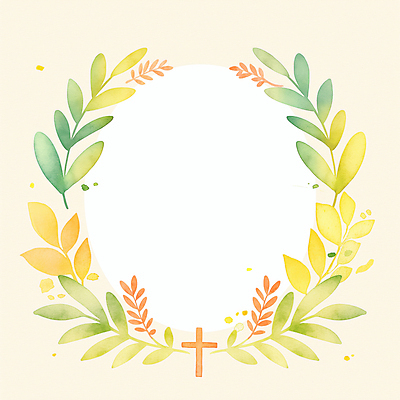 JPG 기독교 십자가 잎 일러스트 수채화 사람없음 봄 원형프레임 카피스페이스 국내일러스트 AI일러스트 AI콘텐츠 식물 계절 종교 프레임 공백 원형 파일형식