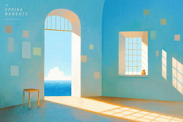 PSD 구름 하늘색 의자 일러스트 실내 따뜻함 밝음 사람없음 햇빛 문 고요 봄풍경 창가 수평선 국내일러스트 오일파스텔 자연요소 가구 창문 미술 풍경 내부 파란색 태양 봄 파일형식