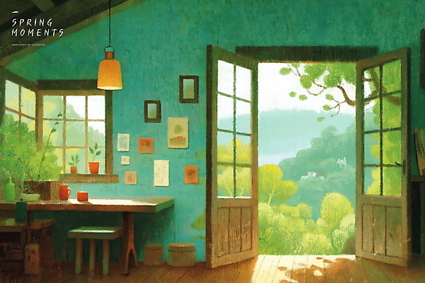 PSD 나무 화분 액자 의자 일러스트 탁자 조명 실내 따뜻함 사람없음 초록색 햇빛 문 고요 봄풍경 국내일러스트 오일파스텔 식물 컬러 가구 미술 풍경 내부 태양 봄 파일형식