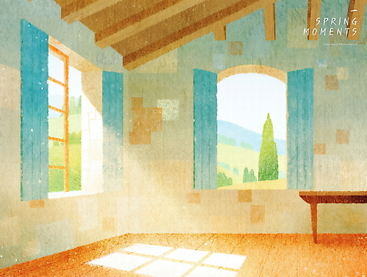 PSD 나무 일러스트 탁자 실내 따뜻함 밝음 사람없음 햇빛 고요 봄풍경 창가 국내일러스트 오일파스텔 식물 가구 창문 미술 풍경 내부 태양 봄 파일형식