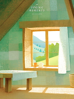 PSD 일러스트 탁자 실내 밝음 사람없음 초록색 햇빛 고요 봄풍경 커튼 창가 언덕 국내일러스트 오일파스텔 컬러 가구 창문 미술 풍경 내부 태양 봄 파일형식