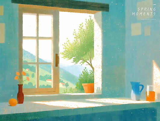 PSD 나무 하늘색 일러스트 주전자 잔 실내 따뜻함 밝음 사람없음 햇빛 꽃병 고요 봄풍경 창가 국내일러스트 오일파스텔 식물 식기 꽃 창문 주방용품 미술 풍경 내부 파란색 태양 봄 파일형식