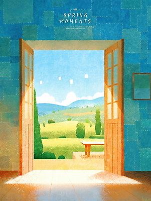 PSD 나무 하늘색 액자 일러스트 산 실내 밝음 초원 사람없음 햇빛 문 고요 봄풍경 시원함 산맥 국내일러스트 오일파스텔 식물 미술 풍경 내부 파란색 태양 봄 파일형식