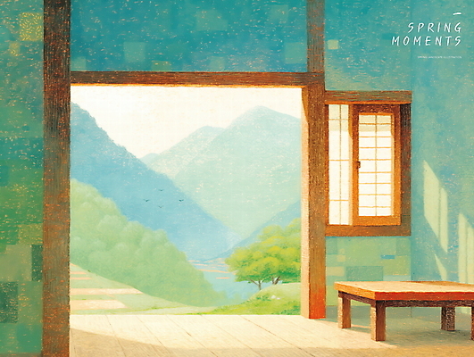 PSD 나무 일러스트 창문 탁자 실내 사람없음 초록색 문 고요 봄풍경 나무바닥 산맥 국내일러스트 식물 컬러 가구 산 바닥 풍경 내부 봄 파일형식