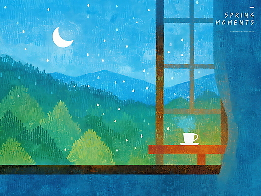 PSD 별 일러스트 탁자 산 실내 사람없음 파란색 고요 봄풍경 커튼 비 숲 커피잔 국내일러스트 오일파스텔 자연요소 커피 컬러 가구 날씨 잔 미술 풍경 내부 봄 파일형식