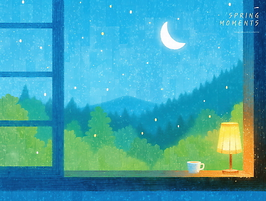 PSD 일러스트 산 실내 사람없음 파란색 고요 봄풍경 달 스탠드 숲 커피잔 창가 국내일러스트 오일파스텔 자연요소 커피 컬러 창문 조명 잔 미술 풍경 내부 봄 파일형식
