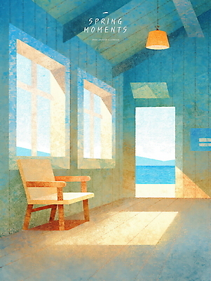 PSD 바다 하늘색 의자 일러스트 조명 실내 따뜻함 밝음 사람없음 햇빛 고요 봄풍경 창가 국내일러스트 오일파스텔 가구 창문 미술 풍경 내부 파란색 태양 봄 파일형식