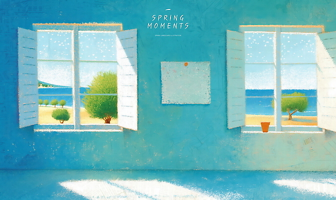 PSD 나무 하늘색 일러스트 실내 밝음 초원 사람없음 햇빛 고요 봄풍경 창가 수평선 국내일러스트 오일파스텔 식물 창문 미술 풍경 내부 파란색 태양 봄 파일형식