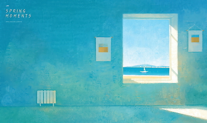 PSD 하늘색 액자 일러스트 실내 밝음 해변 사람없음 햇빛 고요 봄풍경 시원함 창가 국내일러스트 오일파스텔 바다 창문 미술 풍경 내부 파란색 태양 봄 파일형식