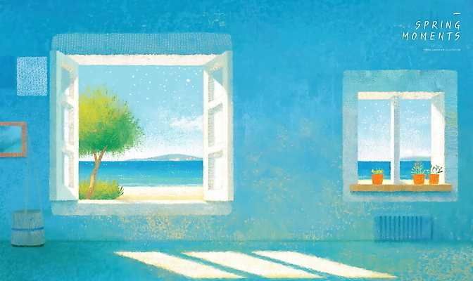 PSD 나무 화분 바다 하늘색 액자 일러스트 하늘 실내 초원 사람없음 햇빛 고요 봄풍경 시원함 창가 수평선 국내일러스트 오일파스텔 식물 창문 미술 풍경 내부 파란색 태양 봄 파일형식