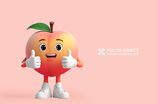 PSD 편집이미지 분홍색 나뭇잎 3D캐릭터 미소 사람없음 3D 귀여움 복숭아 과일캐릭터 따봉 복숭아캐릭터 편집3D 캐릭터 컬러 컨셉 잎 과일 표정 최고 디지털합성 파일형식