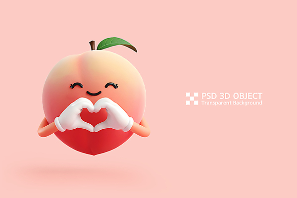 PSD 편집이미지 분홍색 포즈 나뭇잎 3D캐릭터 미소 사람없음 3D 귀여움 복숭아 과일캐릭터 손하트 복숭아캐릭터 편집3D 캐릭터 컬러 컨셉 잎 과일 표정 손짓 디지털합성 파일형식