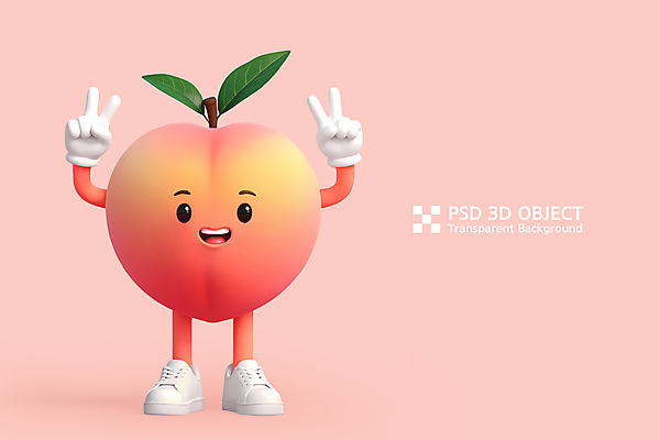 PSD 편집이미지 분홍색 포즈 나뭇잎 3D캐릭터 미소 사람없음 3D 귀여움 브이 복숭아 과일캐릭터 복숭아캐릭터 편집3D 캐릭터 컬러 컨셉 잎 과일 표정 손짓 디지털합성 파일형식