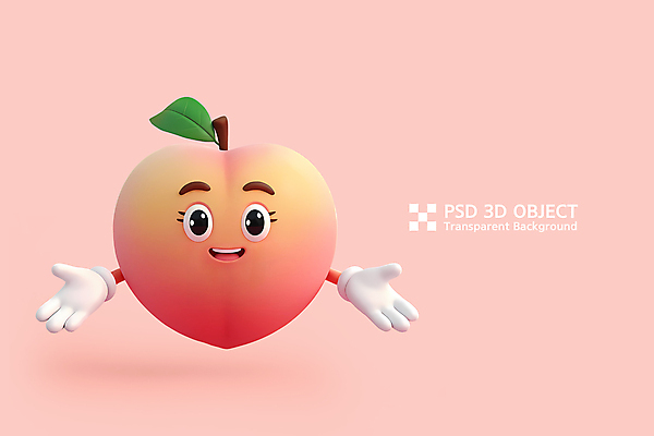 PSD 편집이미지 분홍색 팔벌리기 나뭇잎 3D캐릭터 미소 사람없음 3D 귀여움 복숭아 과일캐릭터 복숭아캐릭터 편집3D 캐릭터 컬러 컨셉 잎 과일 모션 표정 디지털합성 파일형식